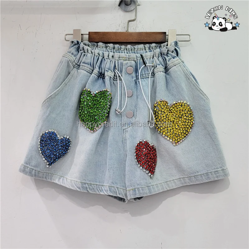 LEZONKIDS - Shorts de ganga personalizáveis para meninas com cintura alta e miçangas de cristal em forma de coração requintado no verão